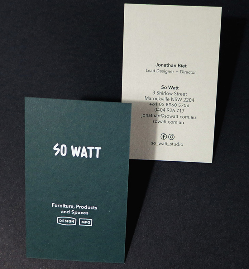 Business cards for So Watt industrial designers