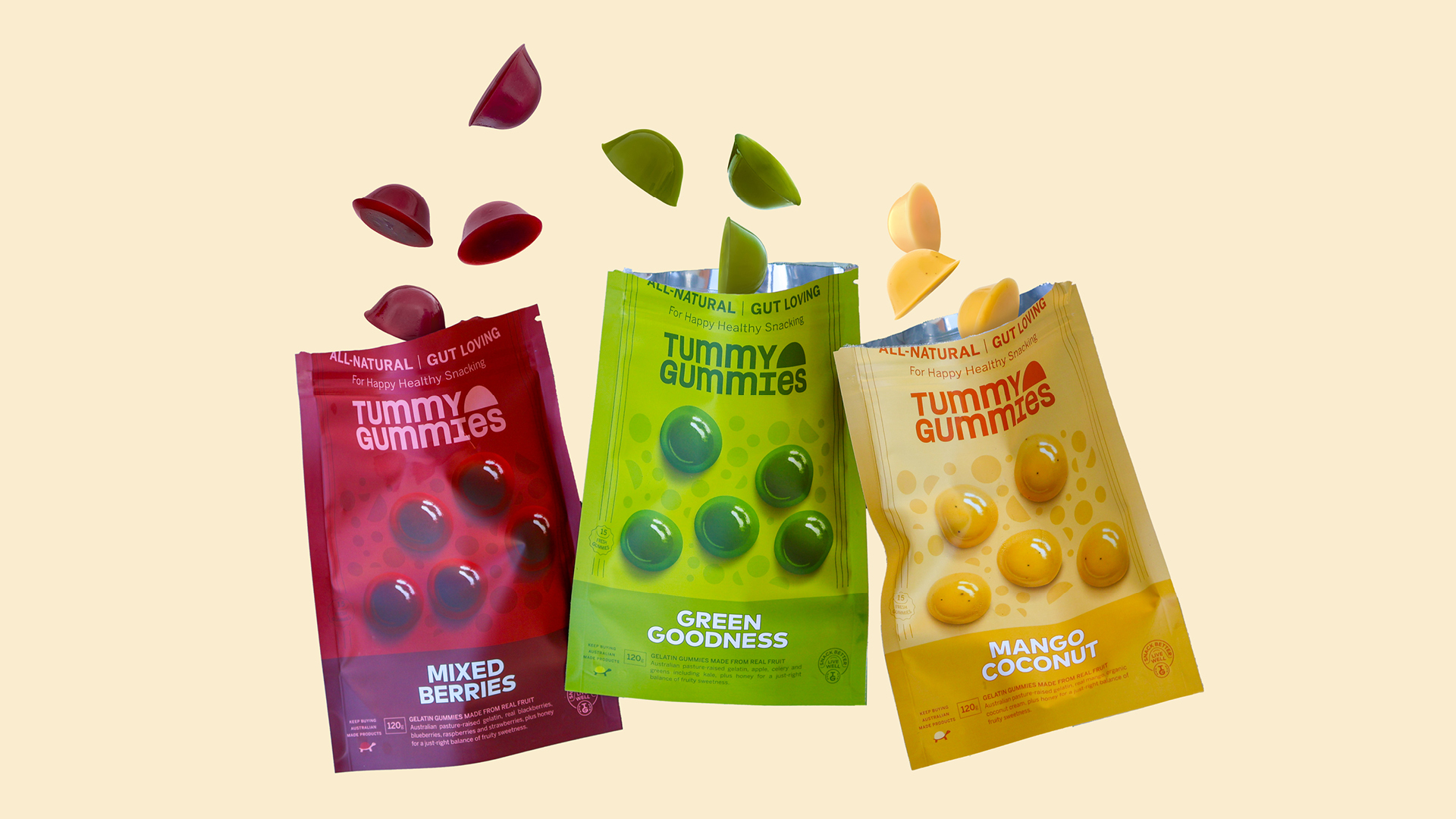 Packaging for 3 flavours of Tummy Gummies