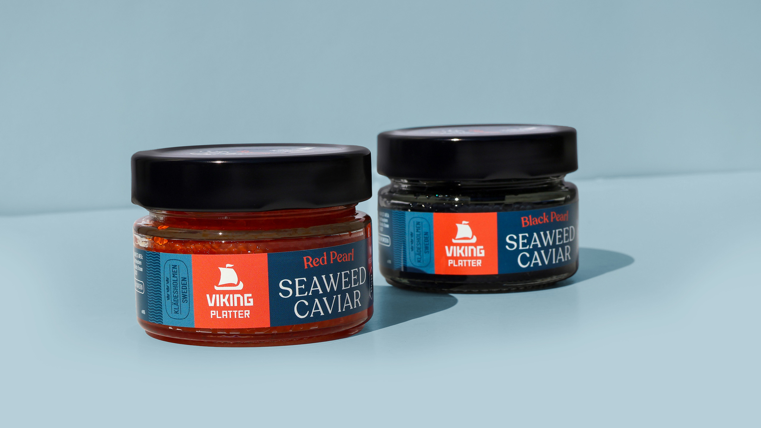 Packaging for Viking Imports Seaweed Caviar in red pearls and black pearls