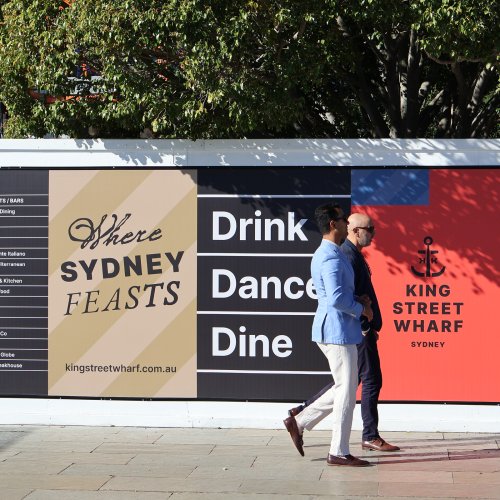 Overview of site hoardings at Wharf 6, King Street Wharf